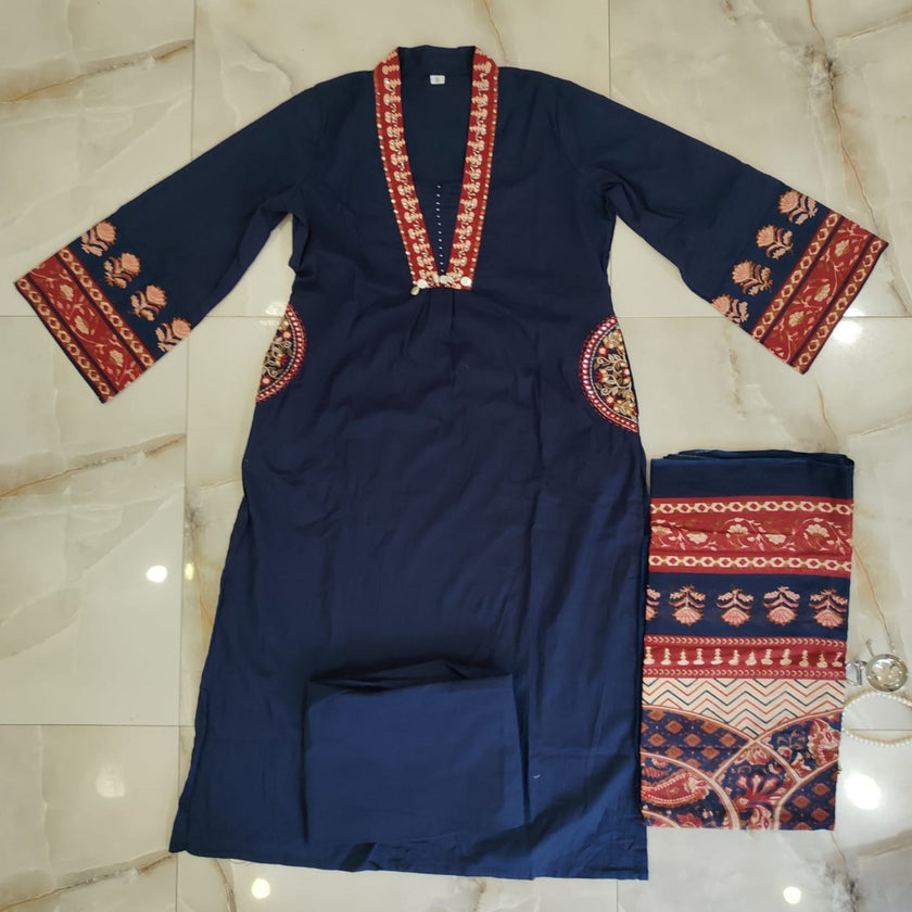 Navy blue cotton dupatta suit set for women with printed kurta and rust red dupatta