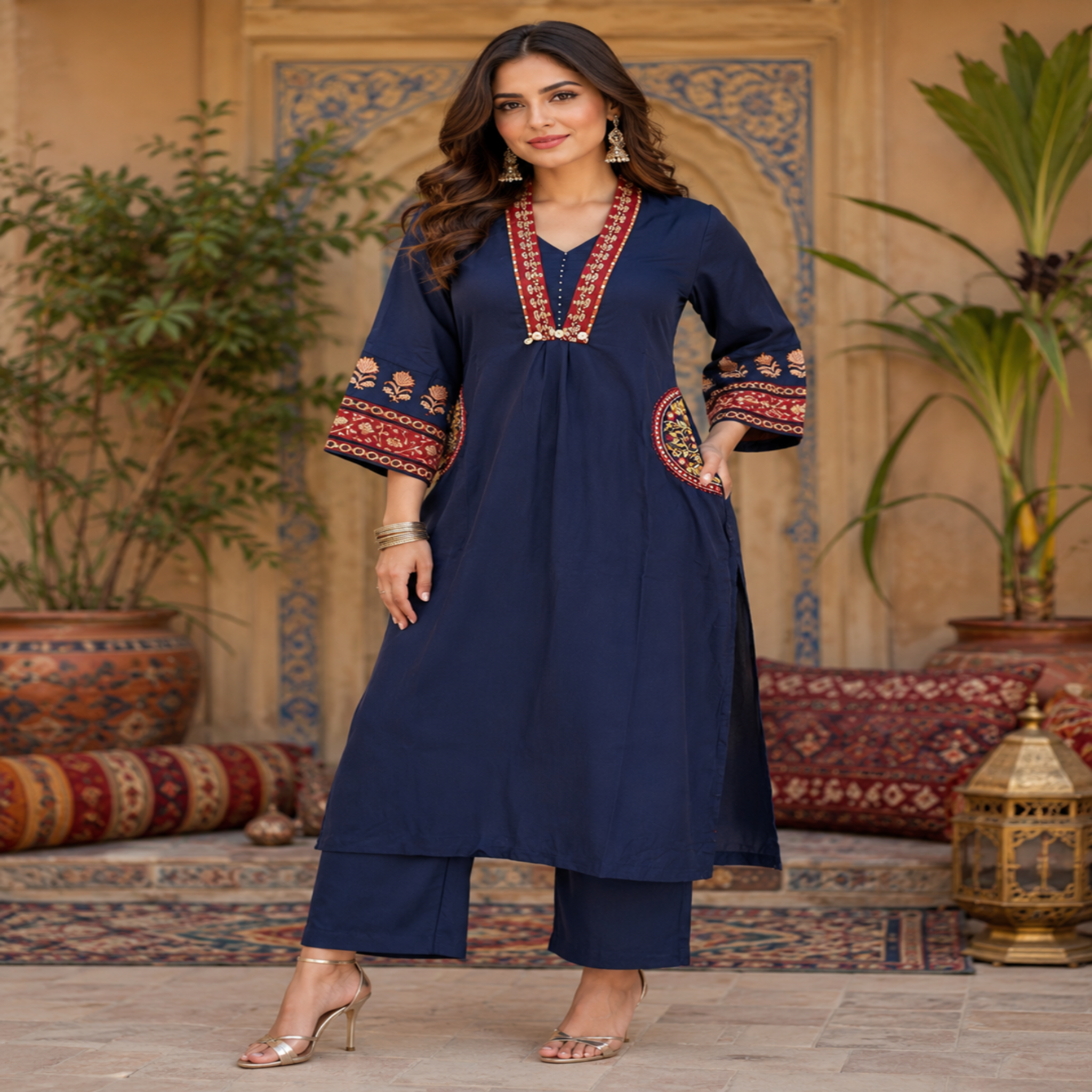 Navy blue cotton dupatta suit set for women with printed kurta and rust red dupatta