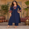Navy blue cotton dupatta suit set for women with printed kurta and rust red dupatta