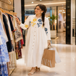 Off white cotton midi dress for women with floral applique work and long sleeves