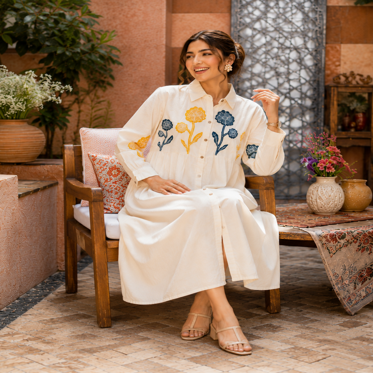 Off white cotton midi dress for women with floral applique work and long sleeves