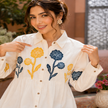 Off white cotton midi dress for women with floral applique work and long sleeves