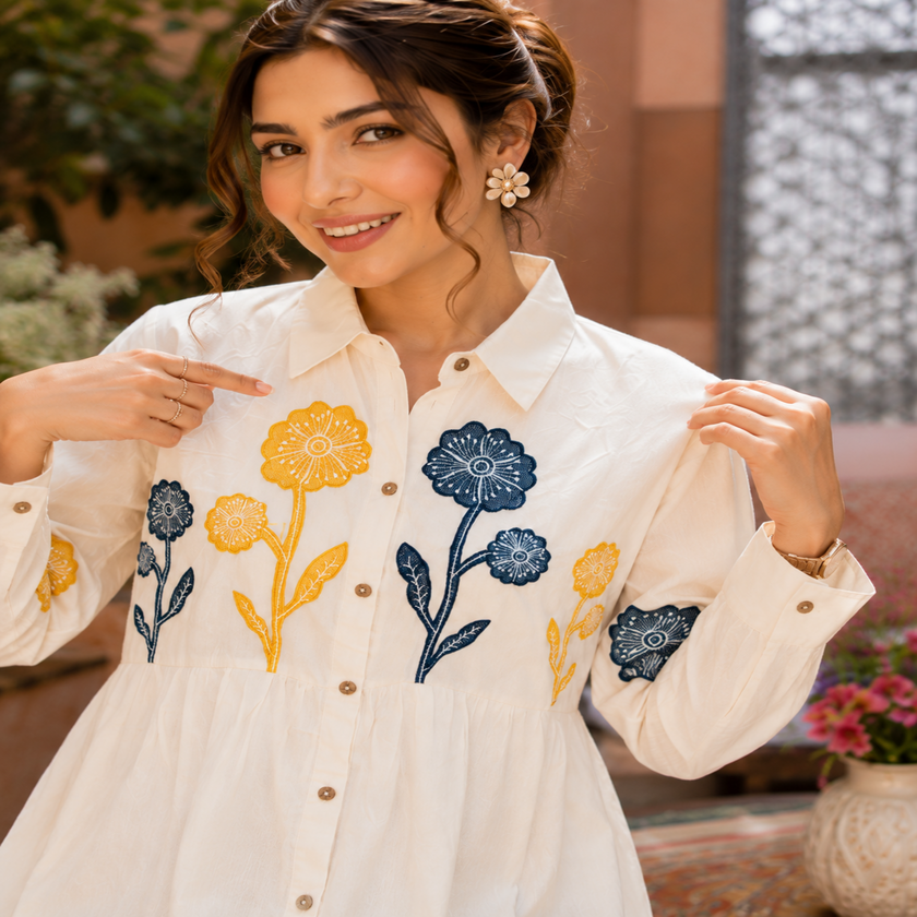 Off white cotton midi dress for women with floral applique work and long sleeves