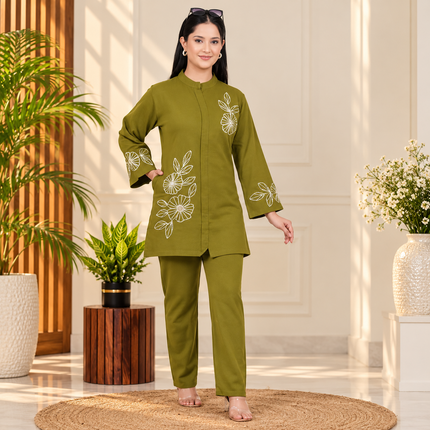 Mehandi Green Woolen Cord Set