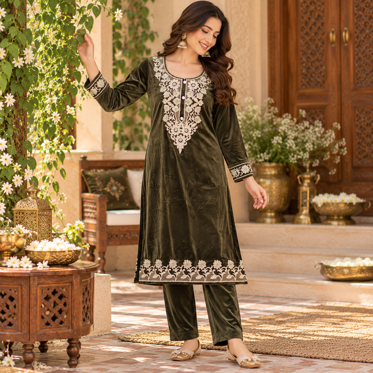 Mehandi Green Velvet Floral Embroidered Cord Set
