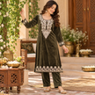 Mehandi Green Velvet Floral Embroidered Cord Set