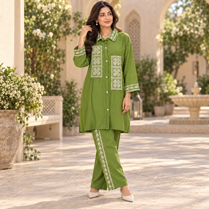 Olive Green Embroidered Kurta Set