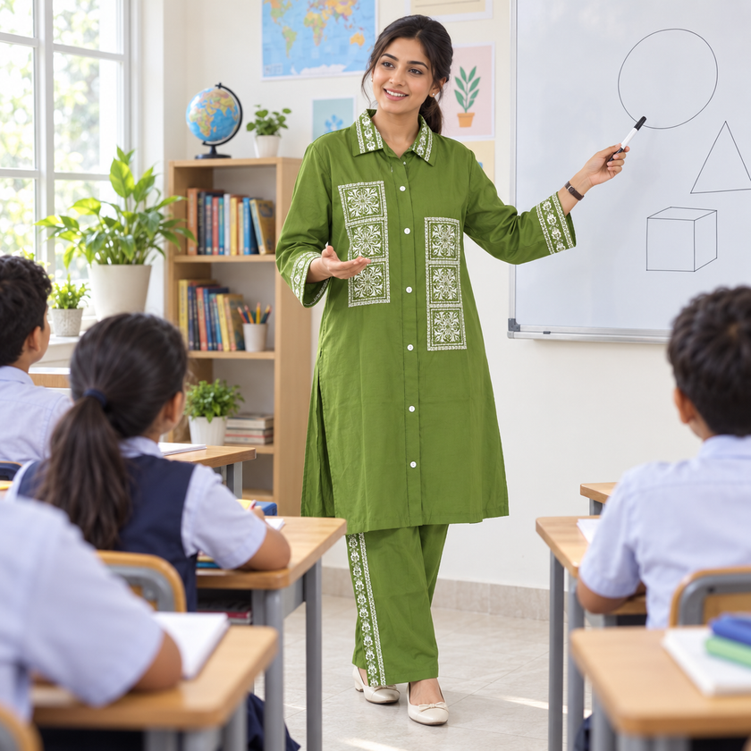 Olive Green Embroidered Kurta Set