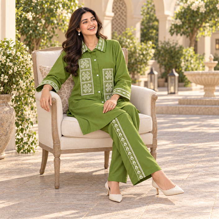 Olive Green Embroidered Kurta Set