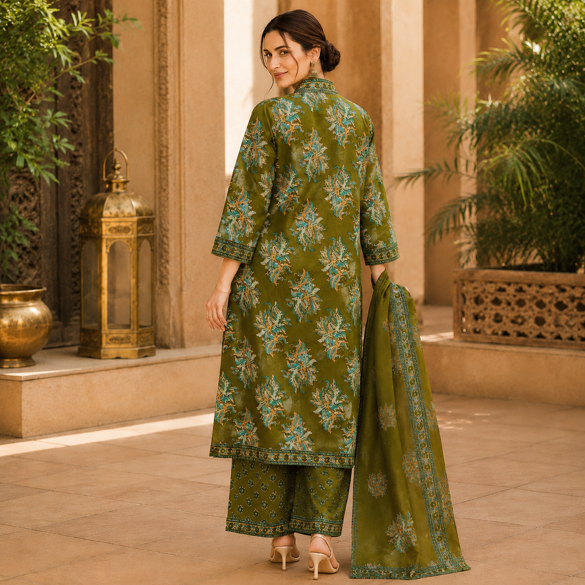 Olive Green Floral Printed Dupatta Suit