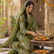 Olive Green Floral Printed Dupatta Suit