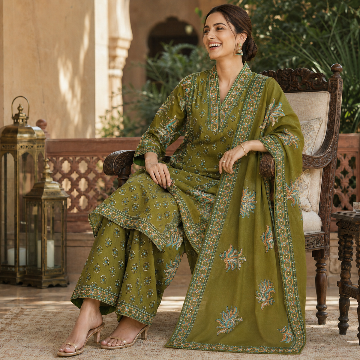 Olive Green Floral Printed Dupatta Suit