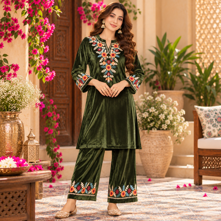 Mehandi Green Front-Back Embroidered Woolen Kurta Set
