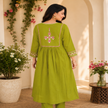 Olive green A-line cotton kurta set for women with embroidered kurta and straight-fit pants