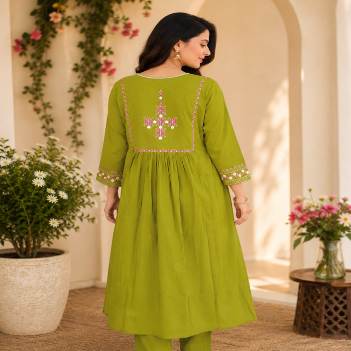 Olive green A-line cotton kurta set for women with embroidered kurta and straight-fit pants