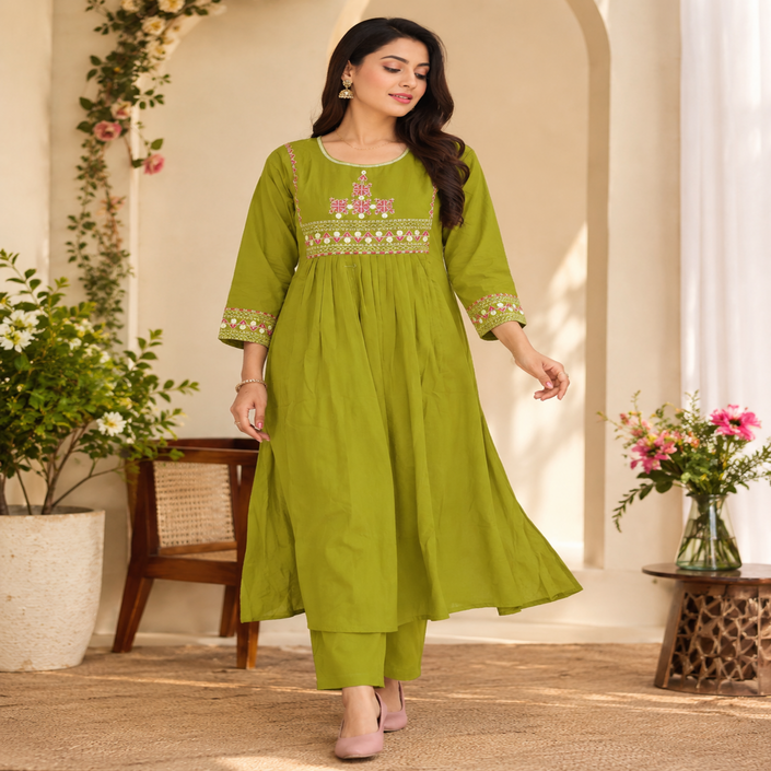 Olive green A-line cotton kurta set for women with embroidered kurta and straight-fit pants