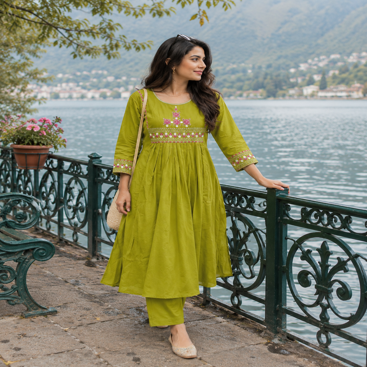 Olive green A-line cotton kurta set for women with embroidered kurta and straight-fit pants