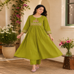 Olive green A-line cotton kurta set for women with embroidered kurta and straight-fit pants