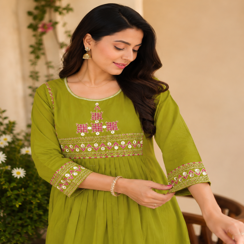 Olive green A-line cotton kurta set for women with embroidered kurta and straight-fit pants