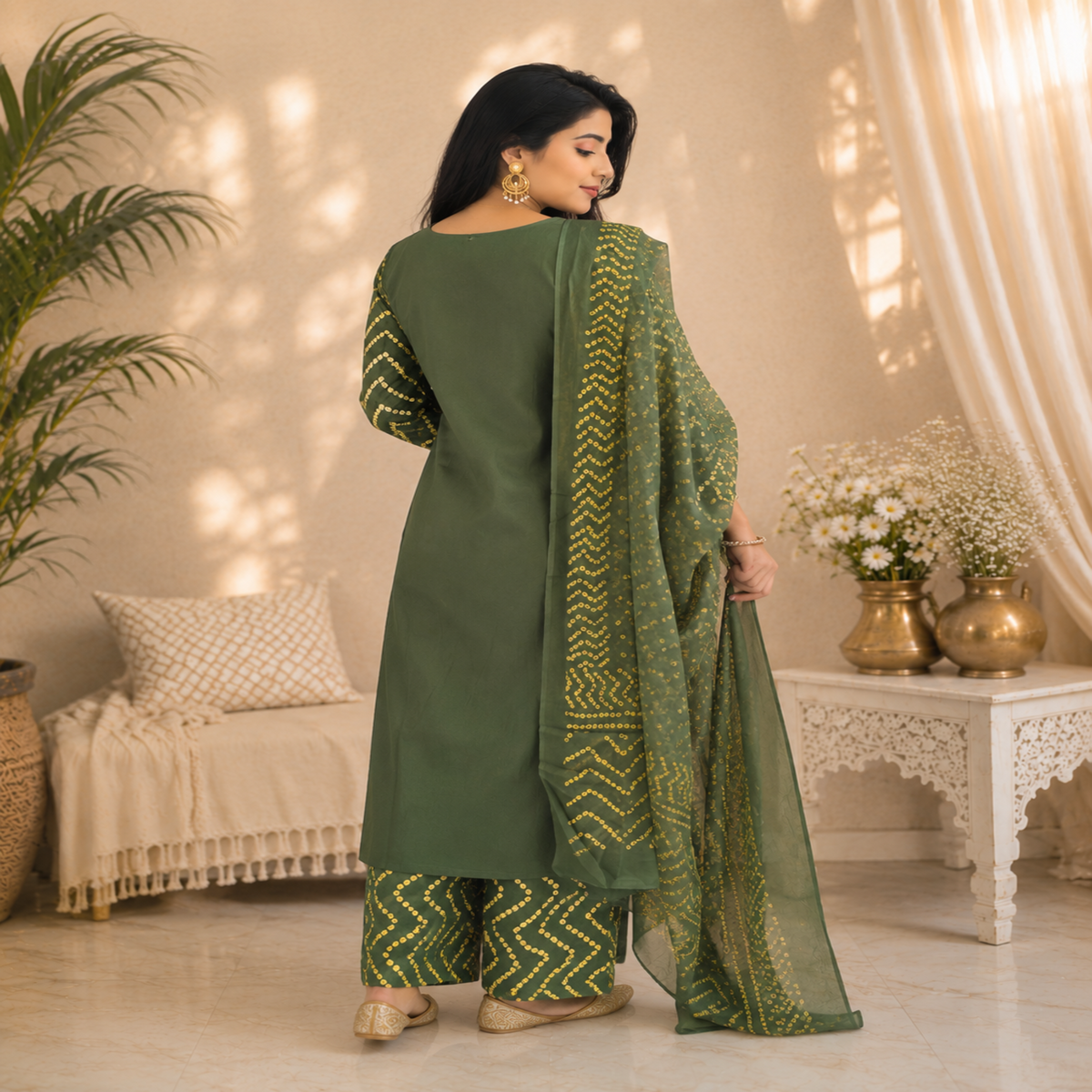 Olive green Bandhani cotton dupatta suit with printed kurta, pants and matching dupatta