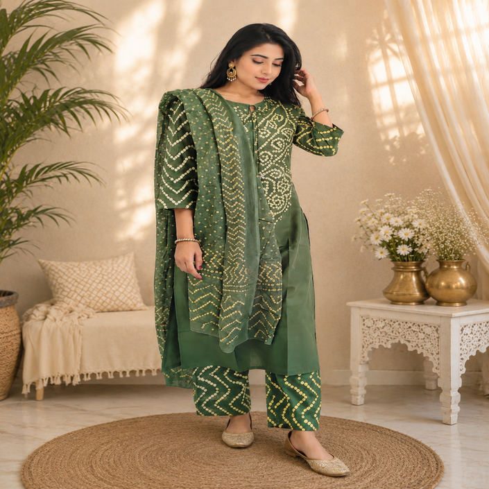 Olive green Bandhani cotton dupatta suit with printed kurta, pants and matching dupatta