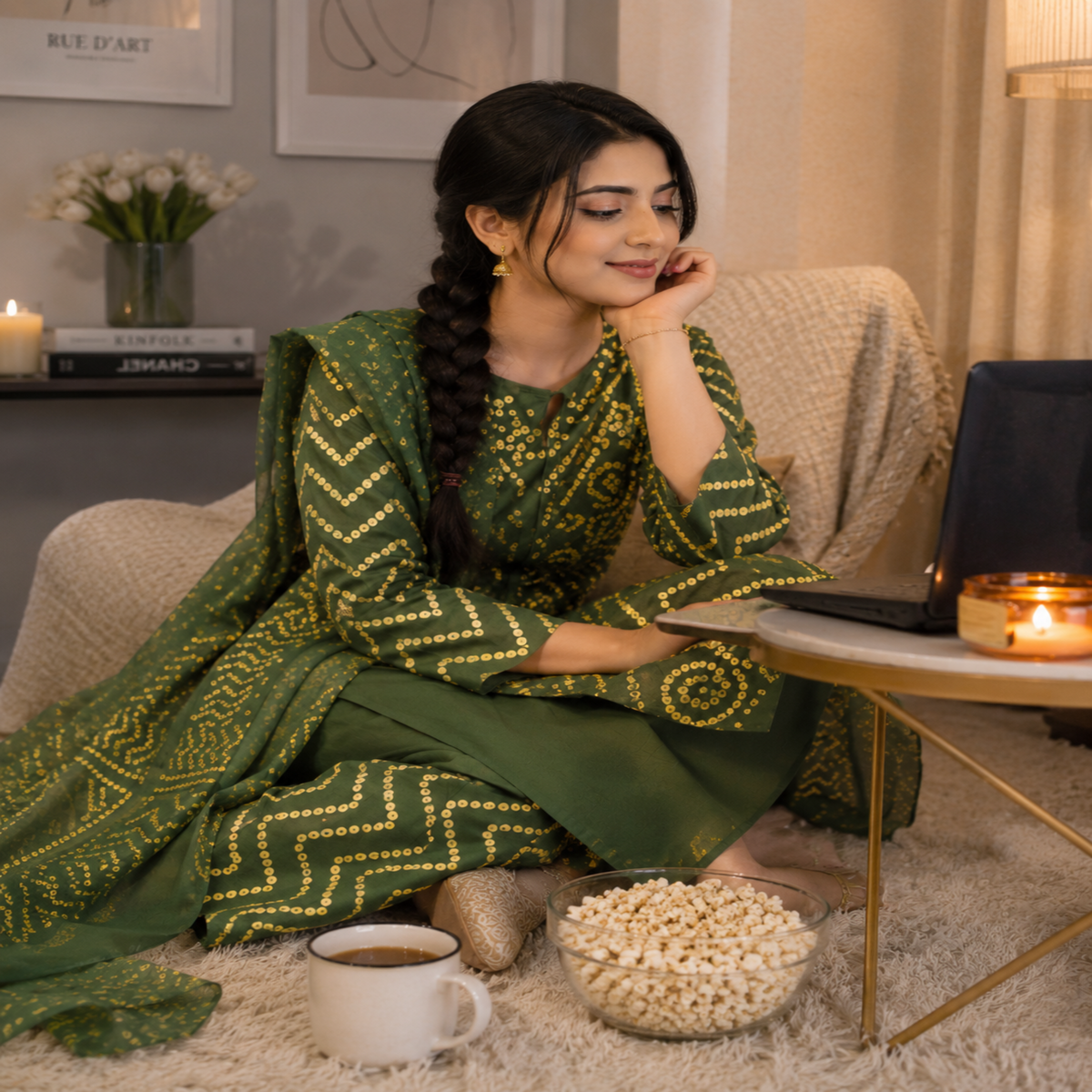 Olive green Bandhani cotton dupatta suit with printed kurta, pants and matching dupatta