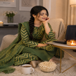 Olive green Bandhani cotton dupatta suit with printed kurta, pants and matching dupatta