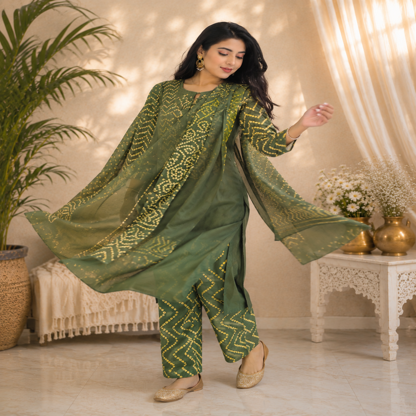 Olive green Bandhani cotton dupatta suit with printed kurta, pants and matching dupatta