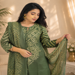 Olive green Bandhani cotton dupatta suit with printed kurta, pants and matching dupatta