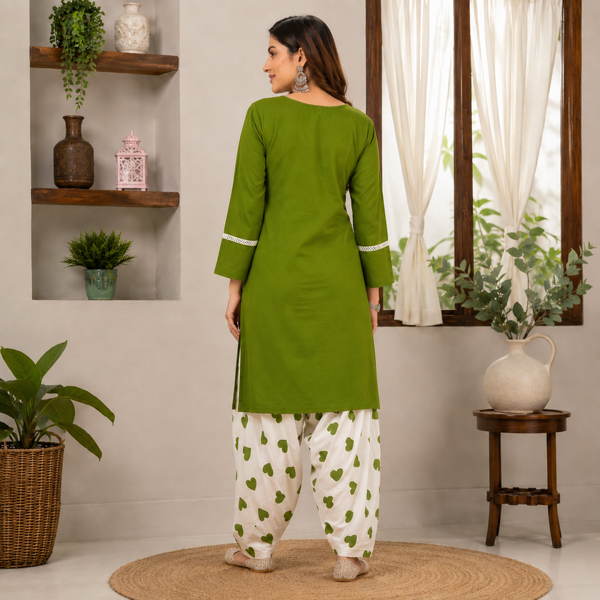 Olive Green Farshi Salwar Set for Women with Heart Print Farsi Salwar
