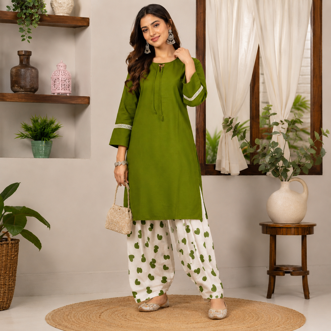 Olive Green Farshi Salwar Set for Women with Heart Print Farsi Salwar
