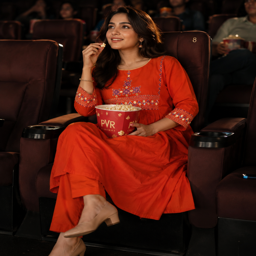 Rust orange A-line cotton kurta set for women with embroidered kurta and straight-fit pants