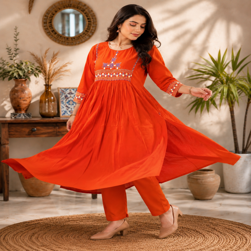 Rust orange A-line cotton kurta set for women with embroidered kurta and straight-fit pants