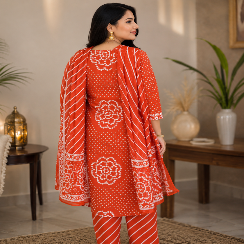 Orange Bandhej cotton suit set for women with printed kurta, straight pants and matching dupatta