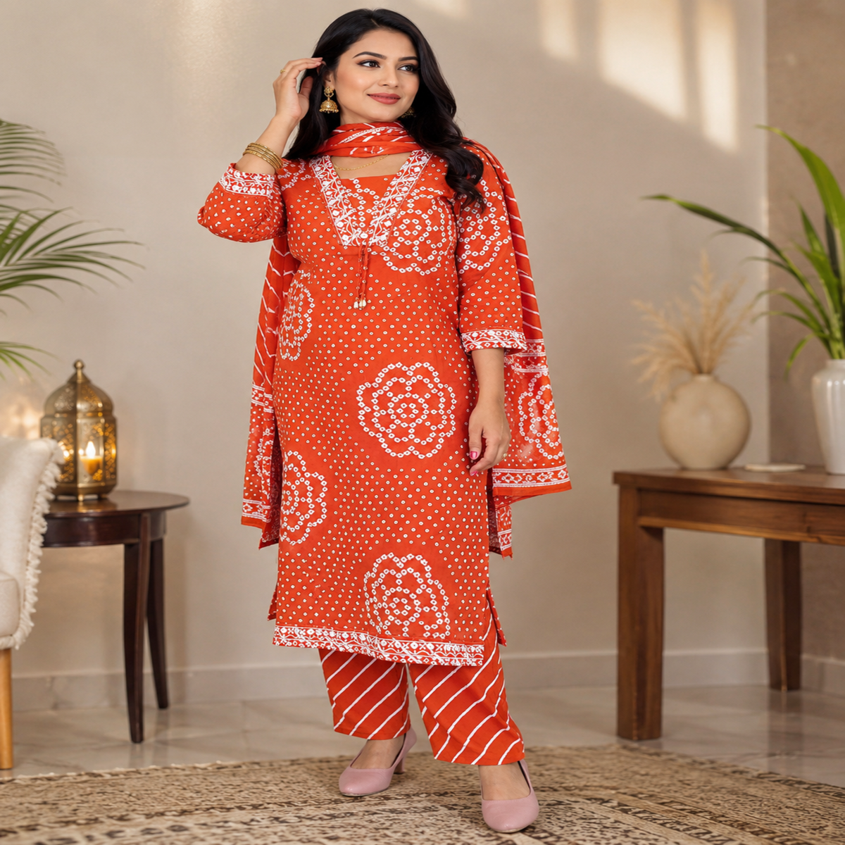 Orange Bandhej cotton suit set for women with printed kurta, straight pants and matching dupatta