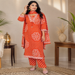 Orange Bandhej cotton suit set for women with printed kurta, straight pants and matching dupatta