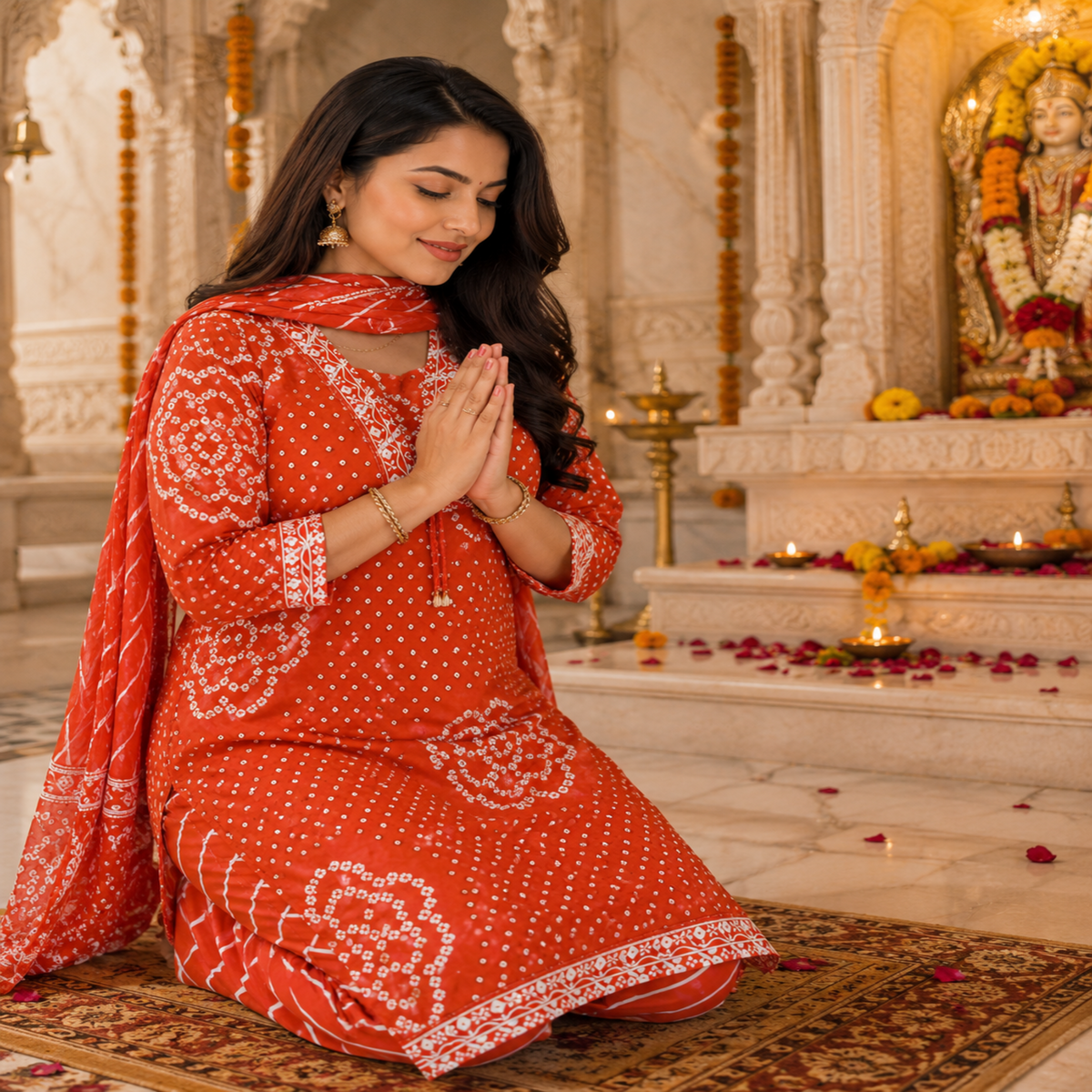 Orange Bandhej cotton suit set for women with printed kurta, straight pants and matching dupatta