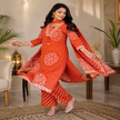 Orange Bandhej cotton suit set for women with printed kurta, straight pants and matching dupatta