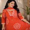 Orange Bandhej cotton suit set for women with printed kurta, straight pants and matching dupatta