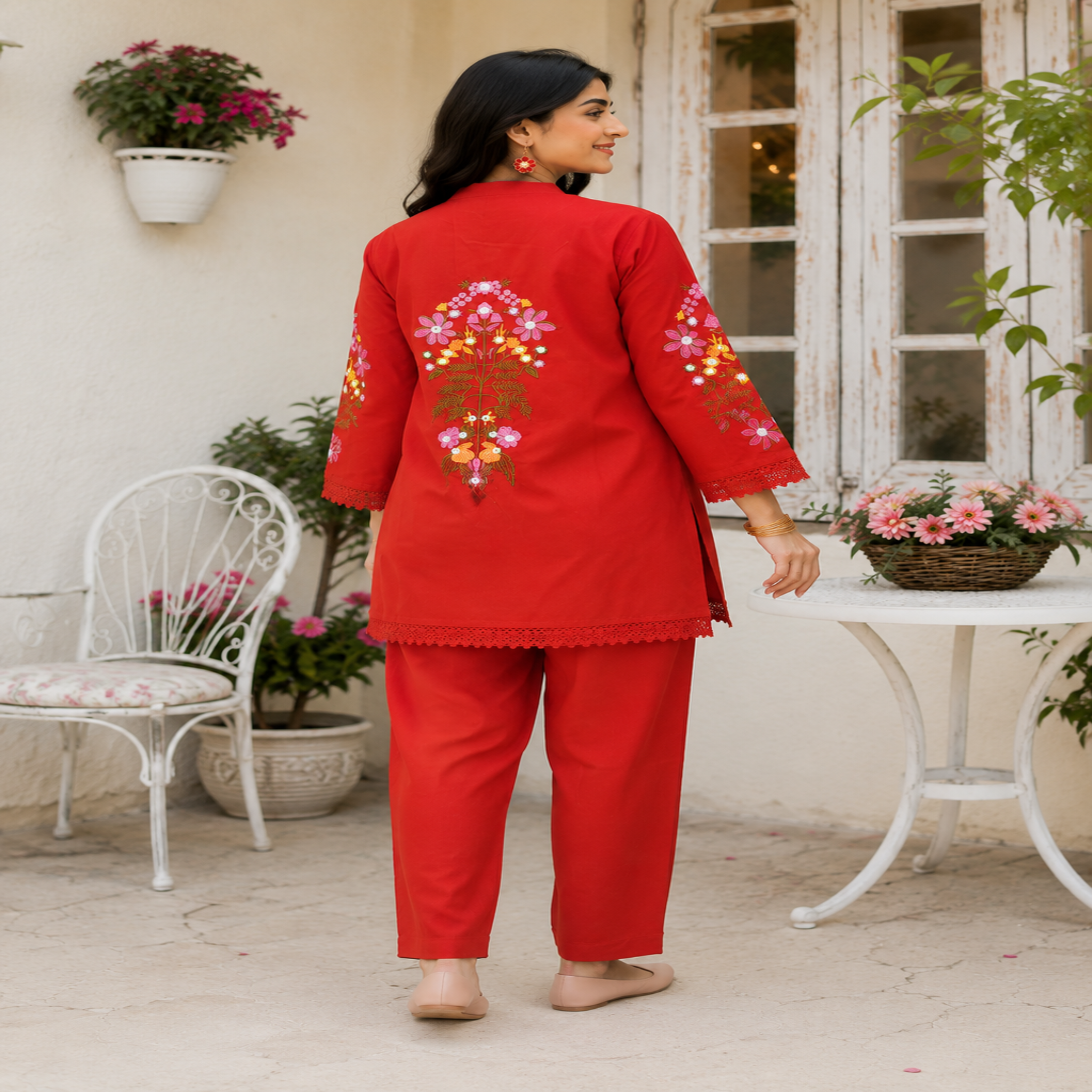 range thread embroidered co-ord set for women with floral back embroidery and matching pants