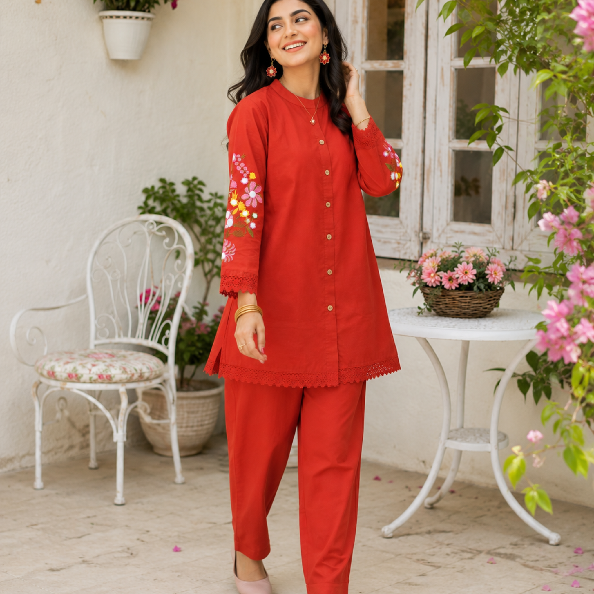 range thread embroidered co-ord set for women with floral back embroidery and matching pants