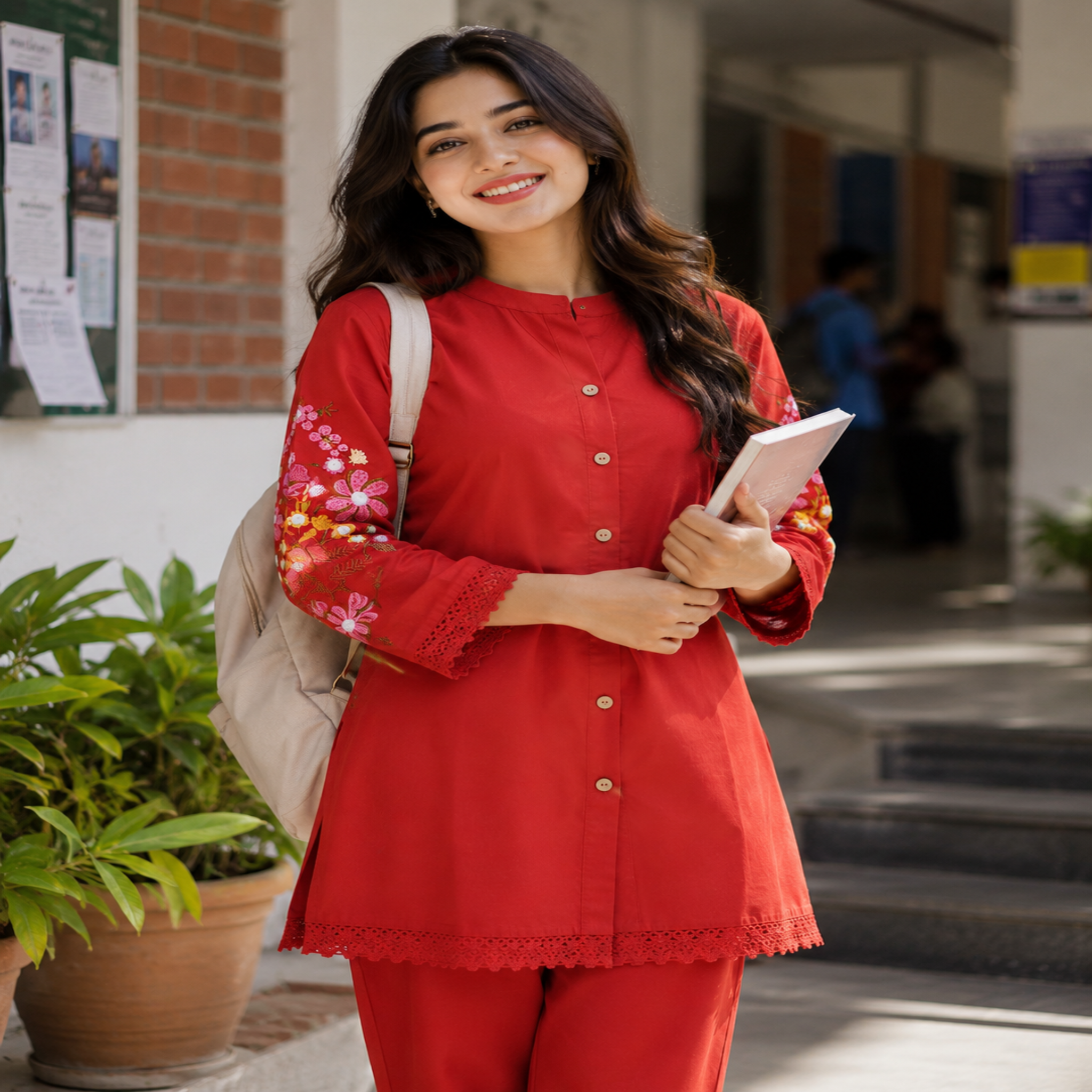 range thread embroidered co-ord set for women with floral back embroidery and matching pants