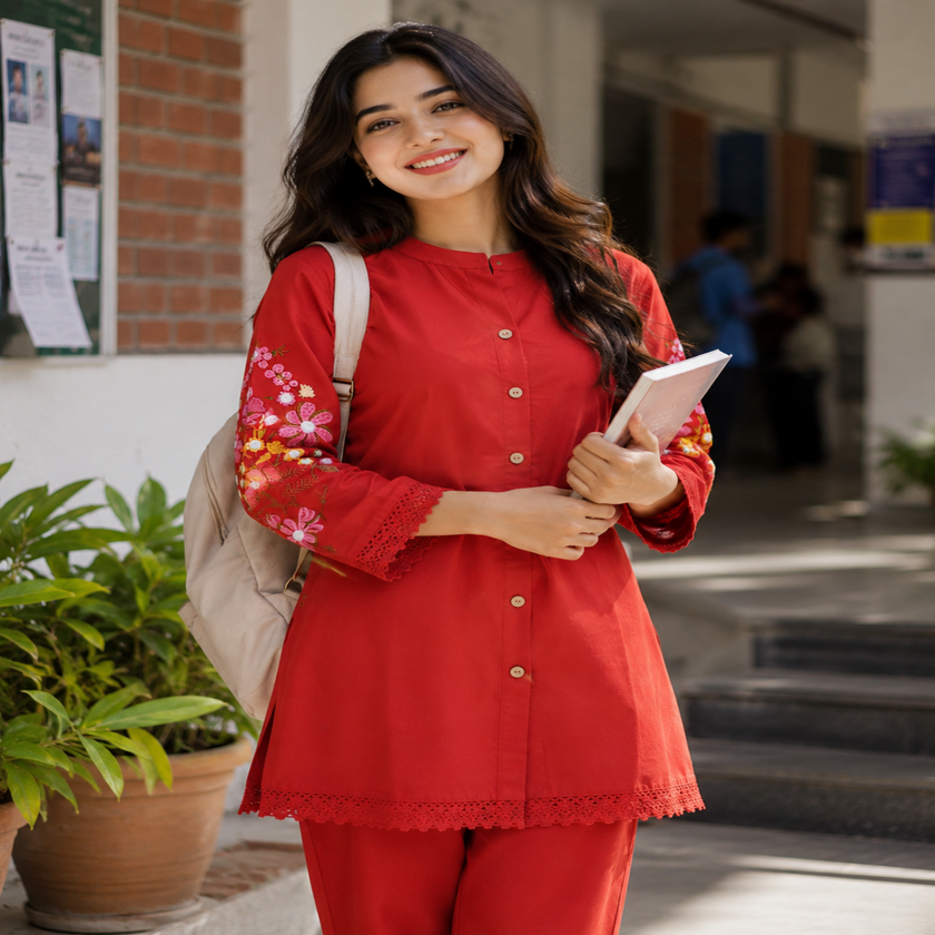range thread embroidered co-ord set for women with floral back embroidery and matching pants
