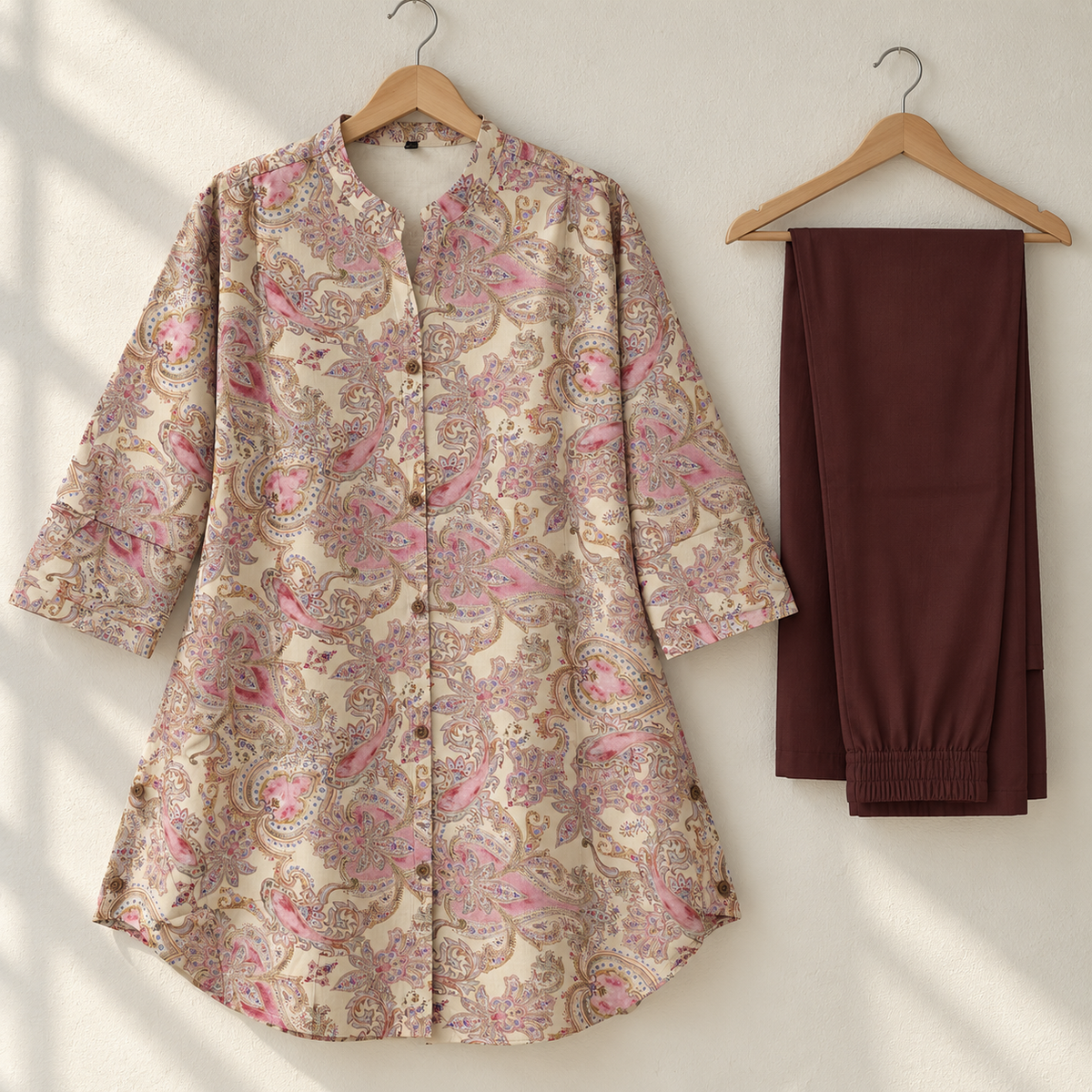 Printed Beige Pink With Brown Bottom Cord Set