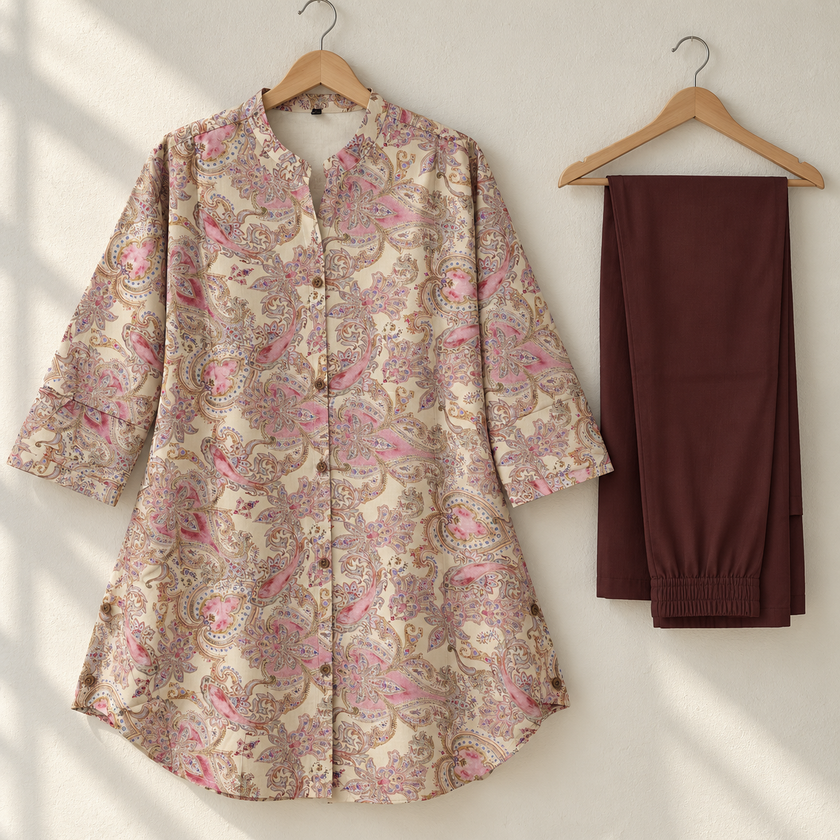 Printed Beige Pink With Brown Bottom Cord Set