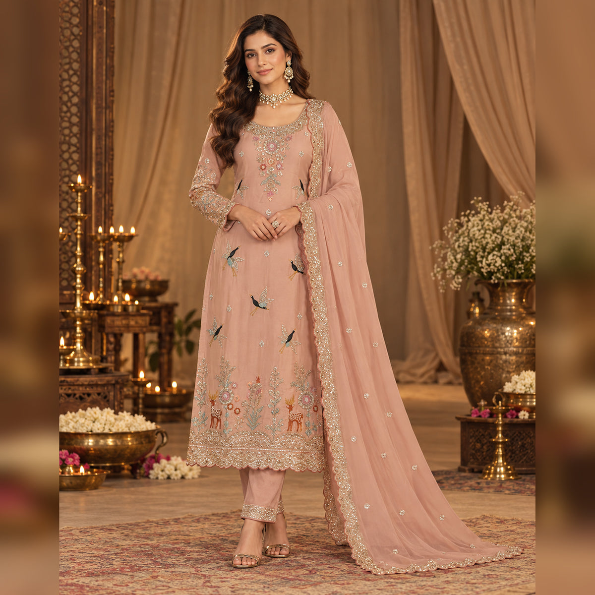 Peach hand embroidered A-line dupatta suit