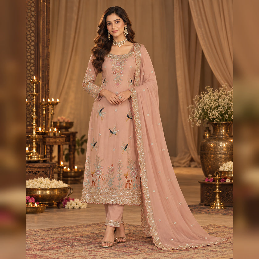 Peach hand embroidered A-line dupatta suit