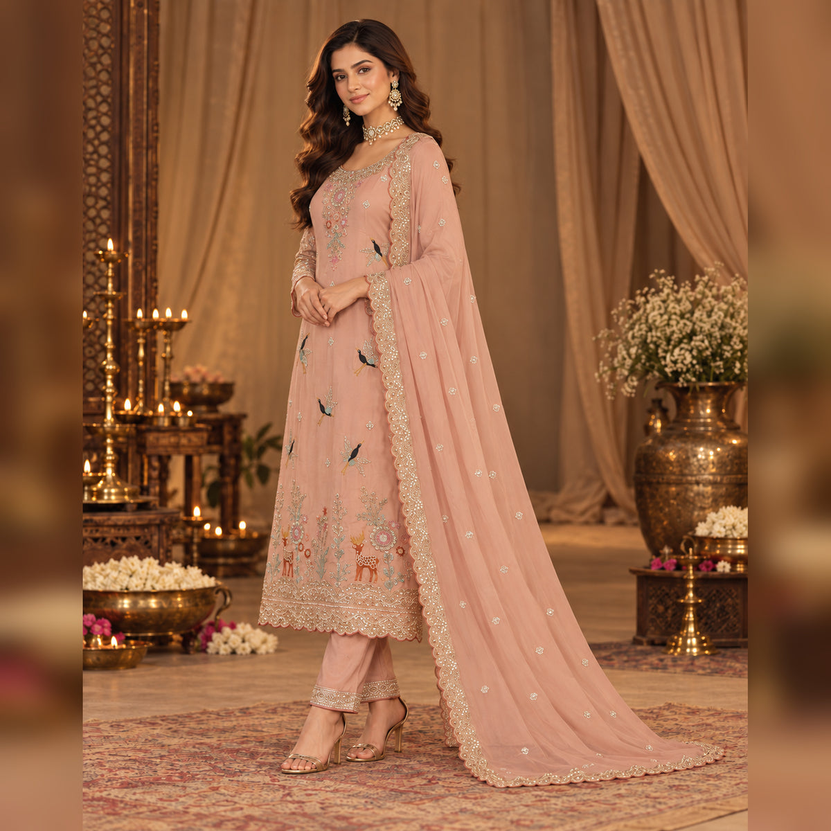 Peach hand embroidered A-line dupatta suit