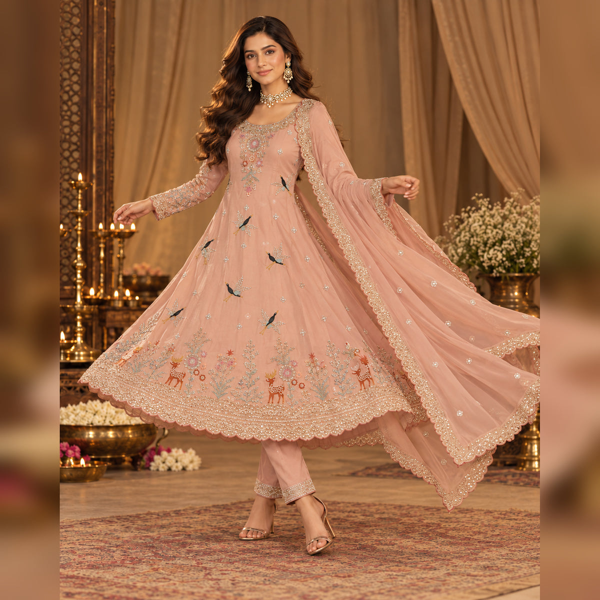 Peach hand embroidered A-line dupatta suit
