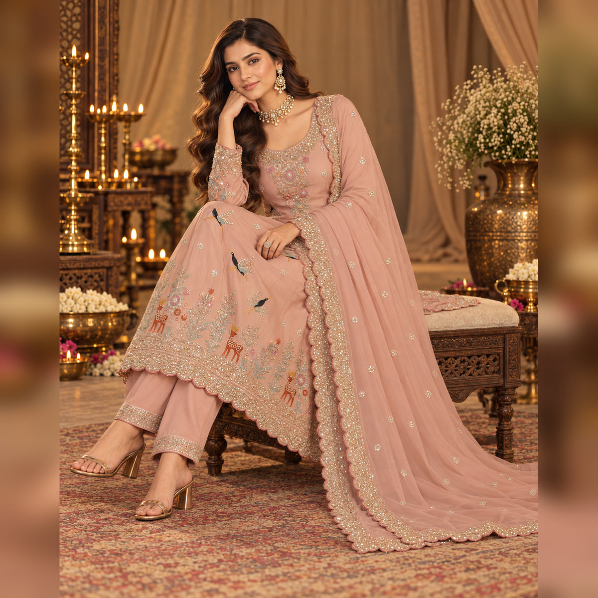Peach hand embroidered A-line dupatta suit